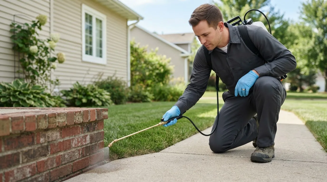 Pest control technician treating a home near Maida, ND