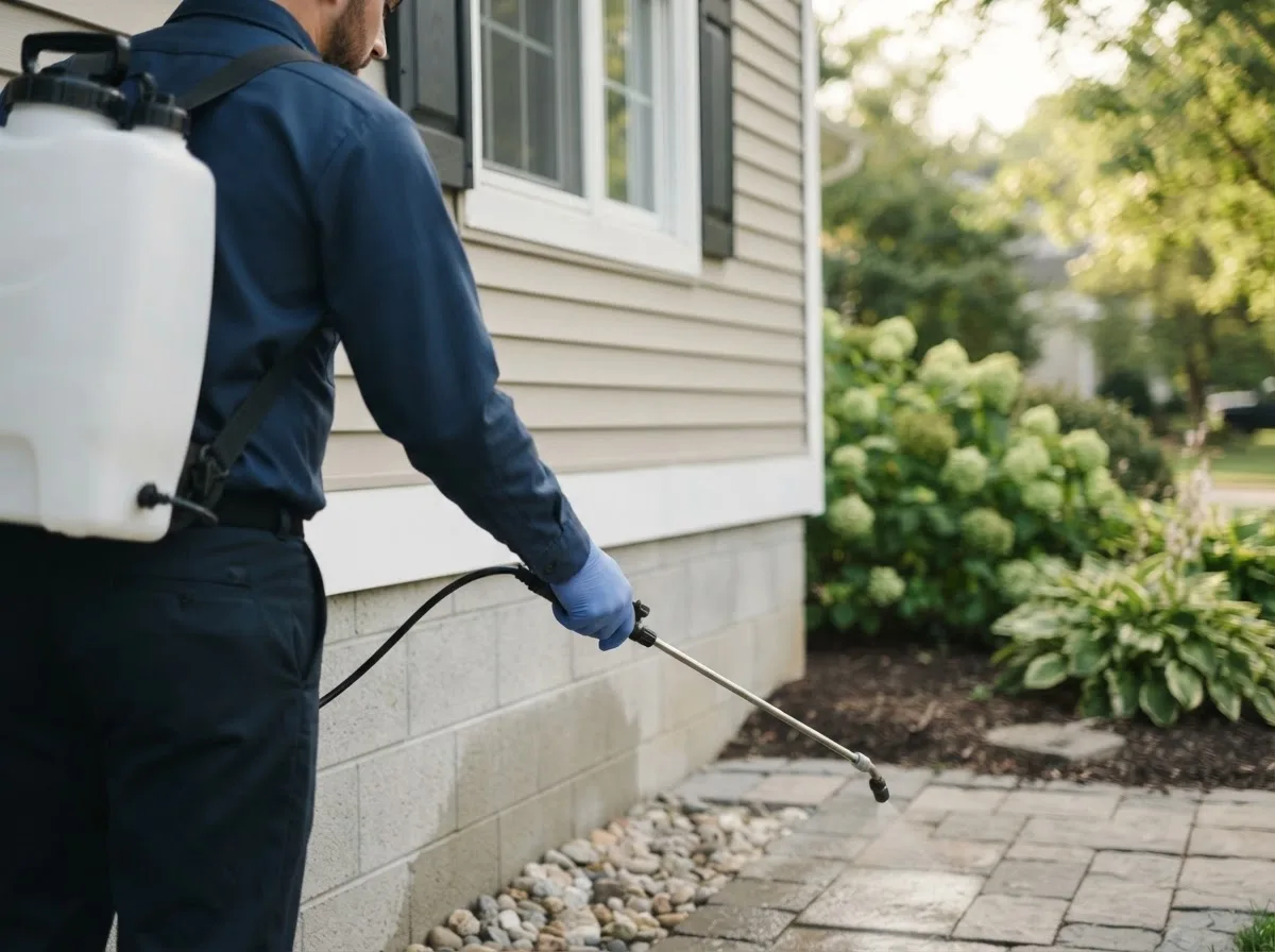 Pest control technician inspecting a home in Maida, ND